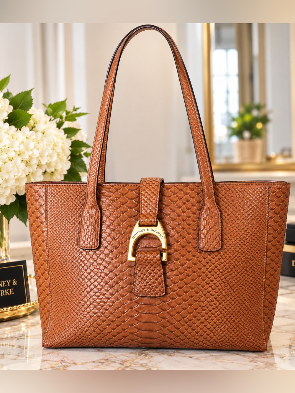 Dooney & Bourke Brown Python-Embossed Leather Tote with Gold Hardware